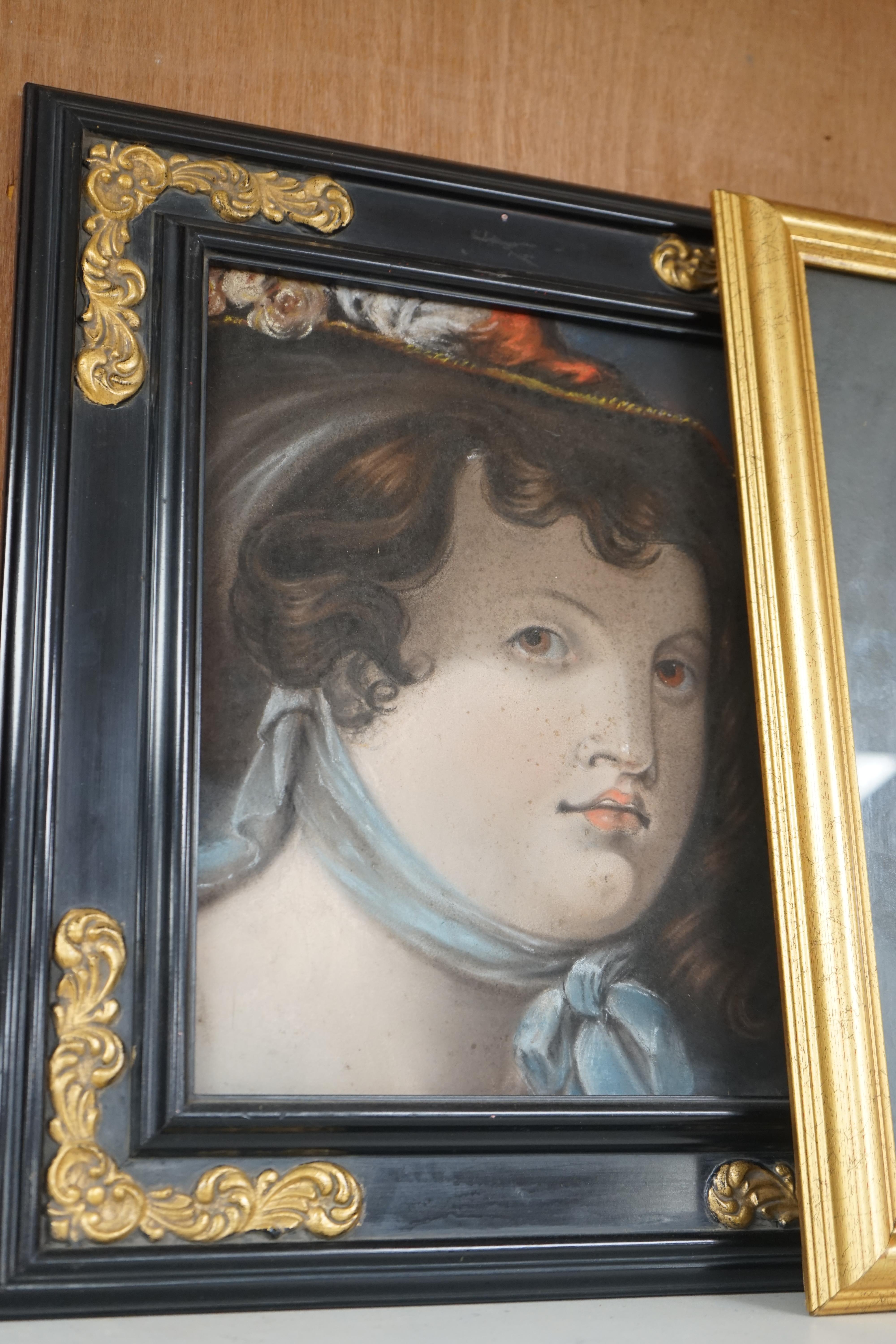 Three portraits to include a pastel, Portrait of a lady wearing a bonnet and an oil on canvas board, Portrait of a Georgian gentleman, 39 x 29cm, gilt framed. Condition - varies, fair to good